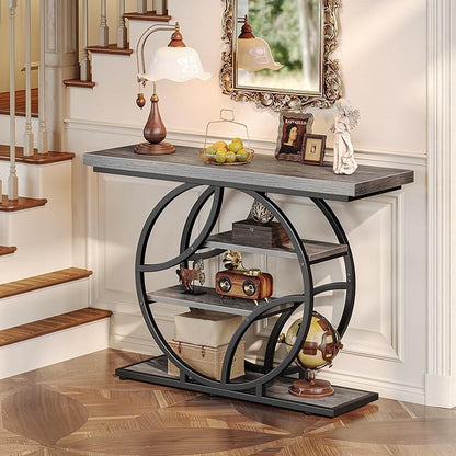 Huuger 41.3 Inch Entryway Table, Modern Console Sofa Table, Accent Table with Shelves, for Entry, Hallway, Entrance, Foyer, O-Shaped Metal Frame, Light Grey