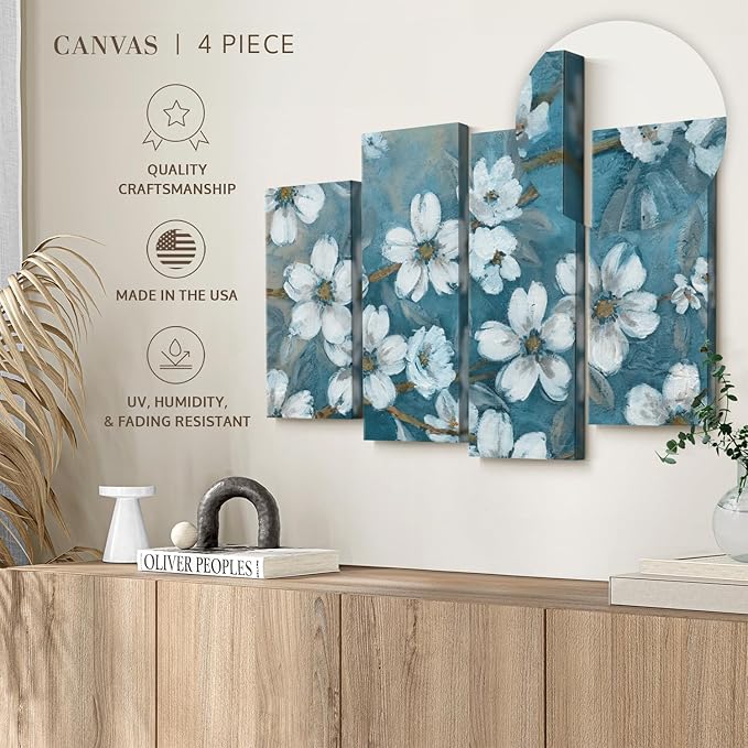 Elephant Stock Blossoms Of Evening Wall Art - Horizontal Canvas - 4-Piece Living Room Wall Decor - Blossom Painting Canvas Print - Blue and Gray Decor for Wall by Carol Robinson - 24" X 14"