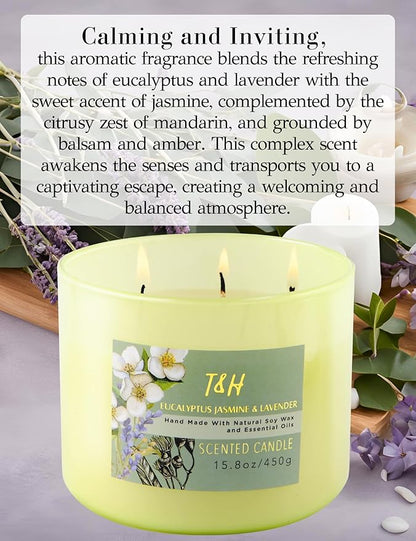 T&H Eucalyptus Jasmine Lavender 3-Wick Soy Candle 15.8 oz | Large Lavender Woods Scented Candle for Home | Aromatherapy Stress Relief Candle for Men & Women | Highly Scented, Long-Lasting Clean Burn