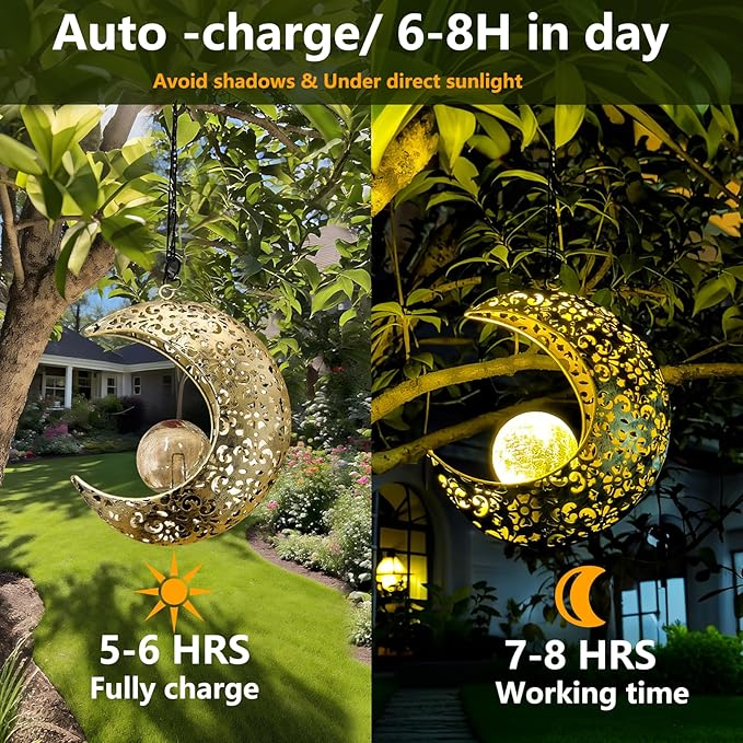 Solar Garden Hanging Moon Lights Outdoor Decor,Metal Lanterns Art Decorations for Outside Yard Lawn Patio Wall Fences Driveway Trail,Unique Housewarming Gardening Gifts for Women Mom