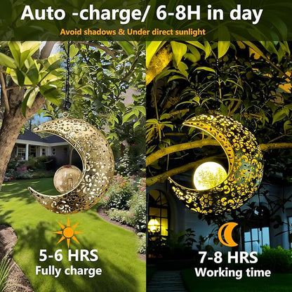 Solar Garden Hanging Moon Lights Outdoor Decor,Metal Lanterns Art Decorations for Outside Yard Lawn Patio Wall Fences Driveway Trail,Unique Housewarming Gardening Gifts for Women Mom
