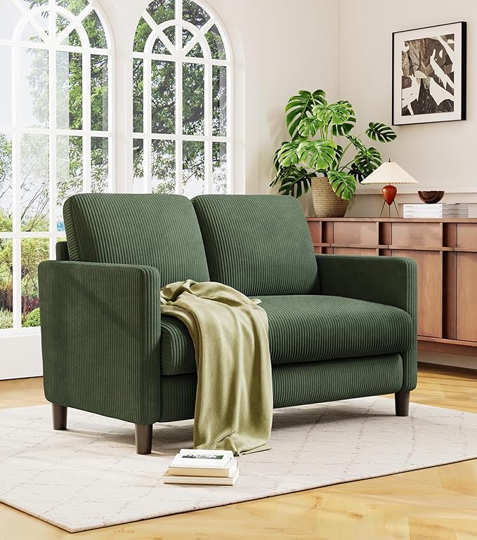 Loveseat Sofa, 51" Love Seat, Comfy Corduroy Small Loveseat for Small Spaces, Tool-Free Setup Couch for Bedroom, All-Wood Couches for Living Room, No Pillow Included, Green