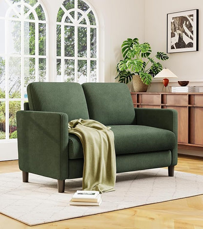 Loveseat Sofa, 51" Love Seat, Comfy Corduroy Small Loveseat for Small Spaces, Tool-Free Setup Couch for Bedroom, All-Wood Couches for Living Room, No Pillow Included, Green