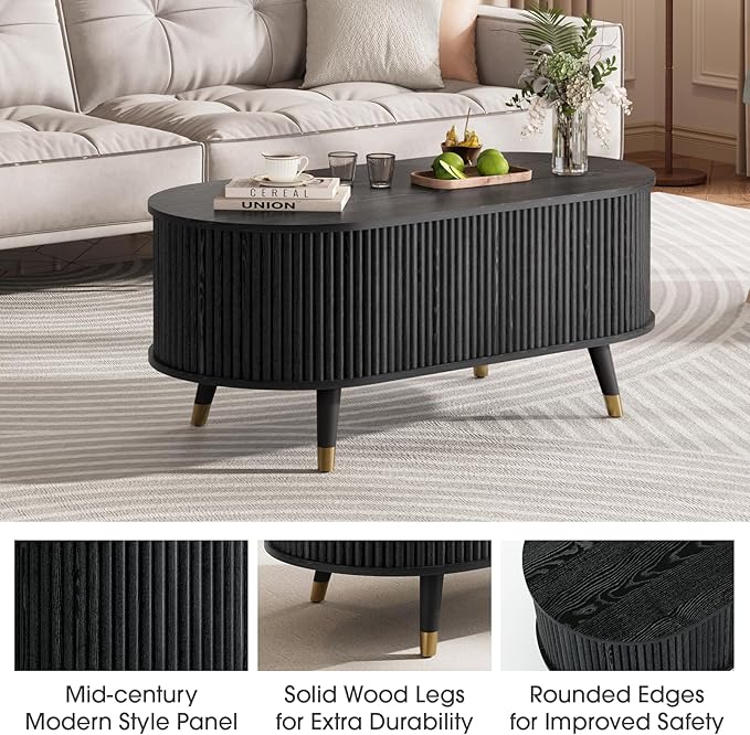 42.5" Oval Lift Top Coffee Table with Storage,Modern Black Center Table with Fluted Design, Pop Up CoffeeTable for Living Room,Solid Wood Legs & Hidden Compartment,