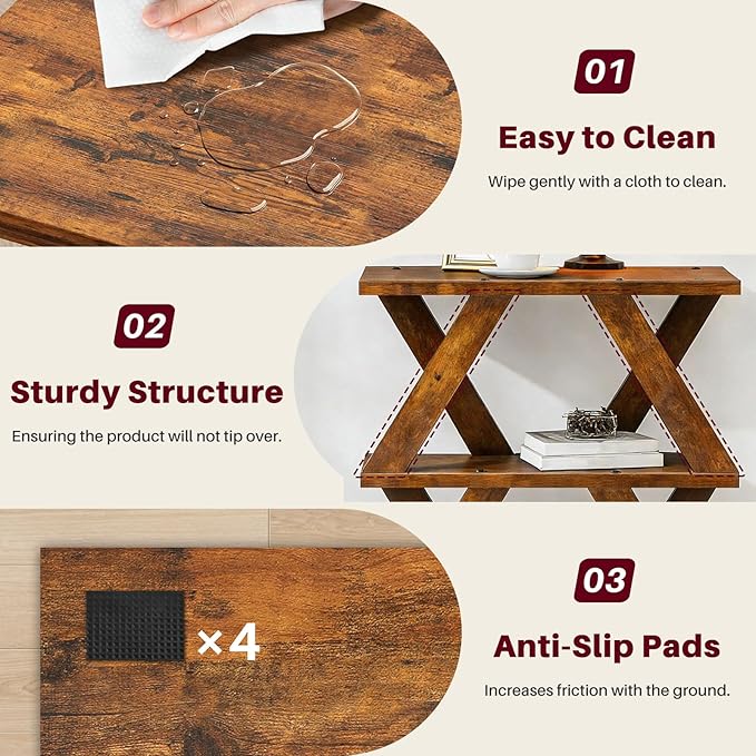 3 Tier Side Table with Side Guard Rails & Anti-Slip Pads, Narrow End Table for Small Spaces, Slim Nightstand with Storage Shelves for Bedroom, Living Room, Rustic Brown