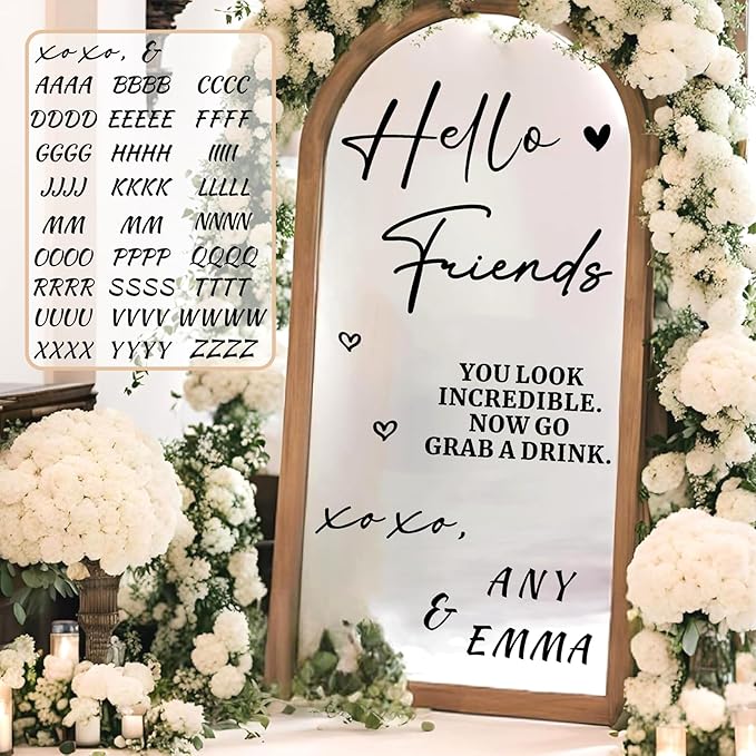 Custom Name Wedding Mirror Decals Welcome to Our Wedding Signs for Glass Mirror DIY Names Vinyl Letters Weddings Stickers Removable Hello Friends Sign for Party Reception Display Marriage Decoration