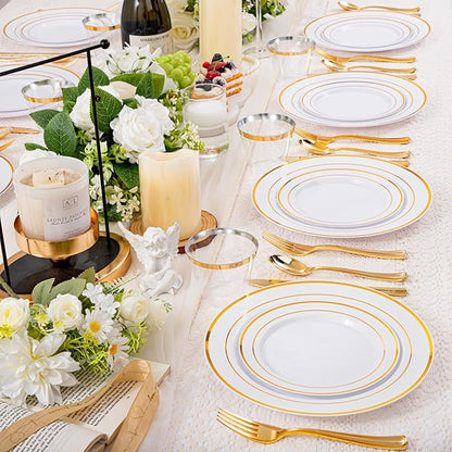 bUCLA 150PCS Gold Plastic Dinnerware Set Disposable - Heavy Duty Gold Plates Include 25 Dinner & 25 Dessert Plates,25 Forks,25 Knives,25 Spoons&25 Cups for Party&Wedding