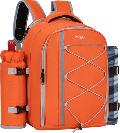 Picnic Backpack for 2 Persons with Insulated Leakproof Cooler Compartment, Cutlery Sets, Wine Holder, Fleece Blanket, Wedding Gifts for Couples, Perfect for Beach, Camping, Hiking, Orange