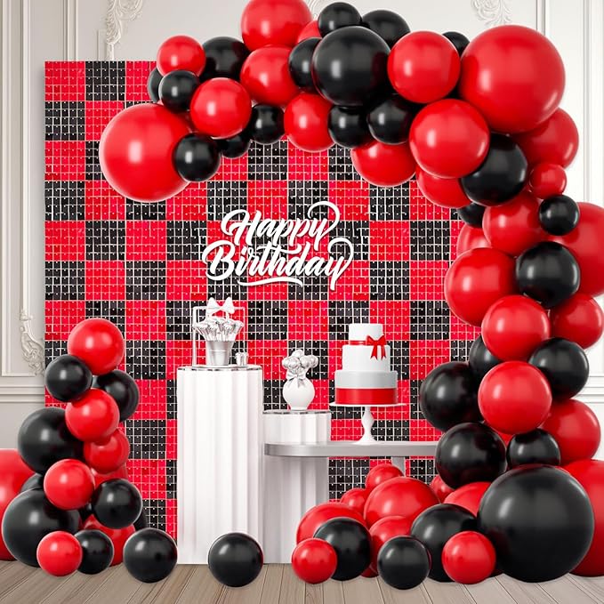 48 PCS Black Red Shimmer Wall Backdrop, Square Sequin Photo Backdrops Panel, Glitter Wall Background for Birthdays, Weddings, Halloween, Engagements, Disco Bachelorette Party Decoration (6FTx8FT)