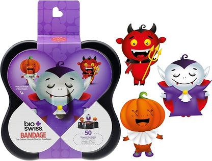 BioSwiss Kids Bandages, Halloween Ghouls Shaped Self Adhesive Bandage Set, Latex Free, Sterile Wound Care, 50 Count