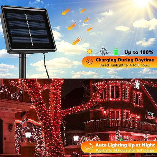 Joomer Red Solar Christmas Lights, 2 Pack Total 144FT 400 LED 8 Modes Waterproof Solar Christmas Lights Outdoor for Garden Yard Patio Christmas Decoration