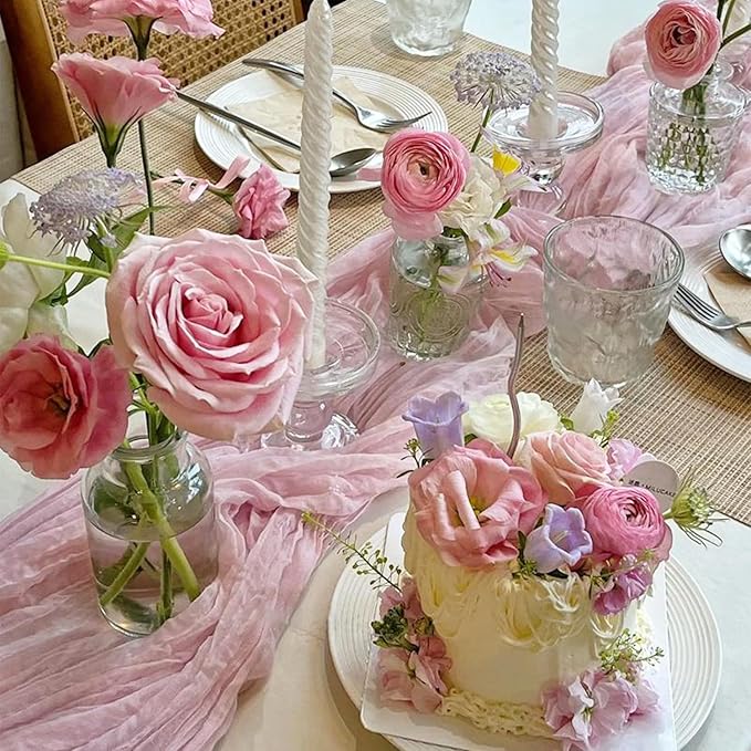 12 Pack Light Pink Table Runner Cheesecloth Rustic Sheer Gauze Table Runner 35x120 Inch for Wedding Baby Shower Bridal Shower Party Fall Thanksgiving Home Decorations