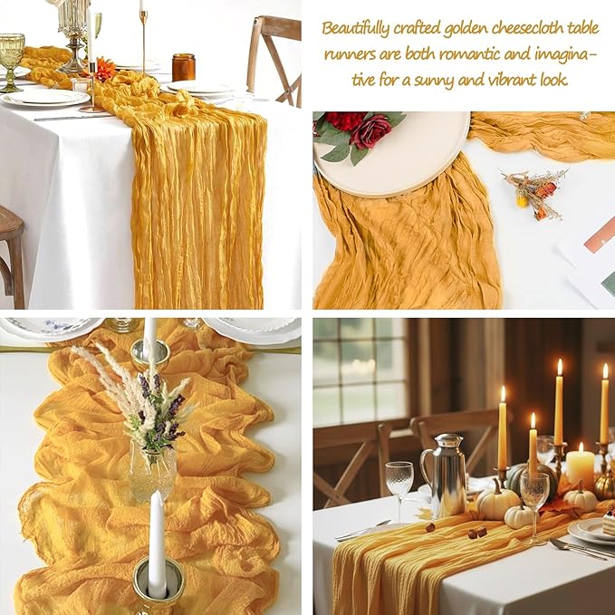 12 Pack Gold Cheesecloth Table Runner Fall Thanksgiving 35x120 Inch Mustard Yellow Cheese Cloth Runner 10FT Boho Rustic Gauze Table Runner for Wedding Party Baby Shower Birthday Decor