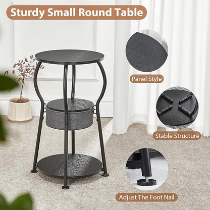 Small Round Side Table with Storage Bag, 3-Tier Accent Round End Table with Four Storage Functions for Living Room, 21.6" H Vintage Smalls Corner Table for Small Spaces Nightstand Bedroom