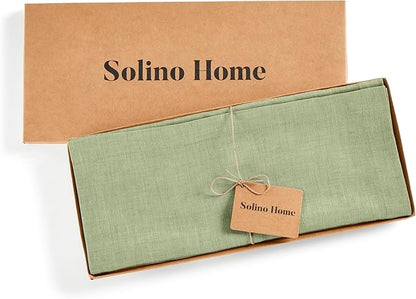 Solino Home Linen Small Table Runner 36 Inches - Athena, 100% Pure Linen Chambray Olive Table Runner 14 x 36 Inch Ideal for Dresser and Coffee Tables - Fall, Autumn, Christmas, New Year