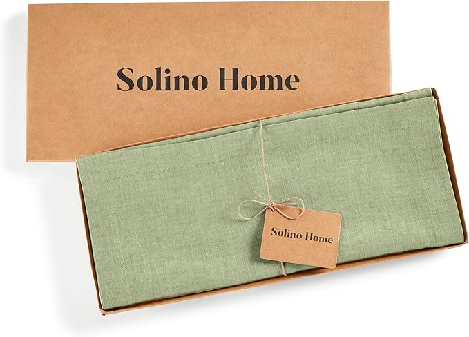 Solino Home Linen Small Table Runner 48 Inches - Athena, 100% Pure Linen Chambray Olive Table Runner 14 x 48 Inch Ideal for Dresser and Coffee Tables - Fall, Autumn, Christmas, New Year
