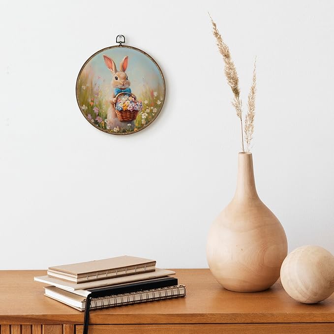 TLESKE Easter Bunny Flower Floral Round Wall Art Decor 10x10, Spring Rabbit Framed Canvas Wall Art Prints Artwork, Easter Bunny Wall Hanging Room Door Decor Decorations for Bedroom Living Room