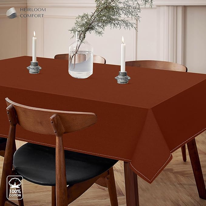 Rust Cotton Tablecloth, Tabletop 52x70 Inch, Fits 4-6 Seats, Soft, Durable, Washable, Wrinkle Resistant, Rectangle Table Cloth for Dining, Thanksgiving, Fall Decor, Family Gathering