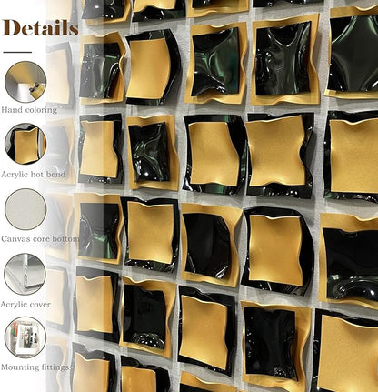 BrightA Black and Gold 3D Wall Art with Textured Grid Design Handcrafted Acrylic Panels in Solid Wood Frame, Modern Abstract Sculpture for Contemporary Living Room Office 31.5"x31.5"