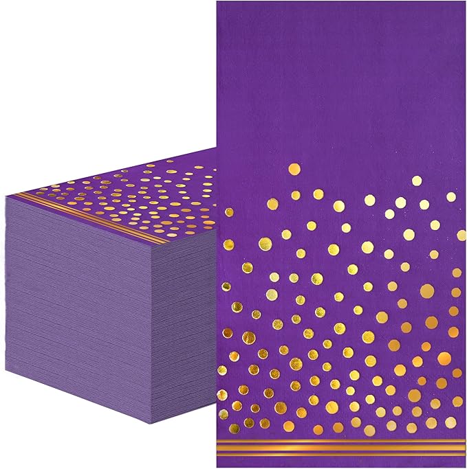 100 Pcs Purple Paper Napkins Disposable - Purple Gold Dot Dinner Party Napkins for Bathroom Wedding Anniversary Birthday Party Supplies