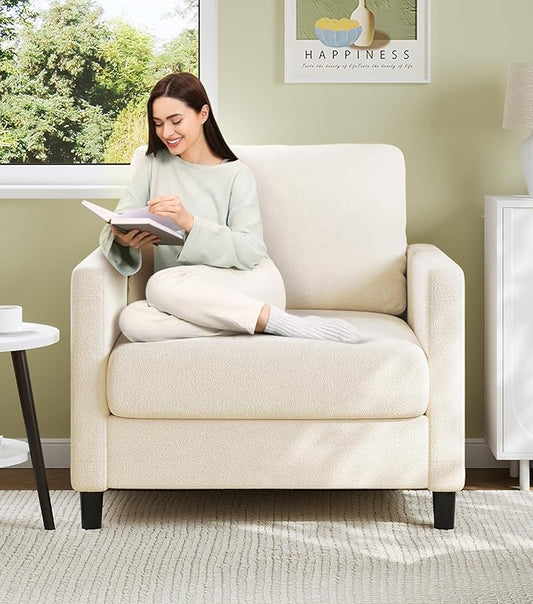 Sofa Accent Chair, 33" Reading Chair for Bedroom, Tool-Free Setup Living Room Accent Chairs, Comfy Arm Chairs Living Room, All-Wood Reading Nook, Cream White