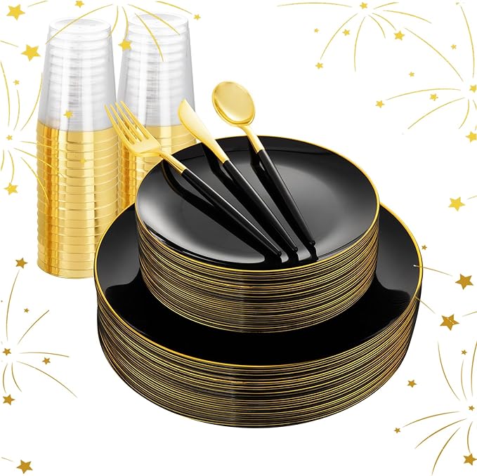 LIYH 180 Pcs Black Plastic Dinnerware Set with Gold Silverware,Halloween Plates, Black Plastic Plates Disposable, Heavyduty Gold Utensils Set for Parties,Halloween Happy New Year 30 Guests