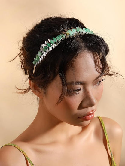 MINACHI Boho Green Aventurine Leaf Hairband, Silver-Tone Handmade Festival Crown, Jewelry Gift for Women Mother's Day