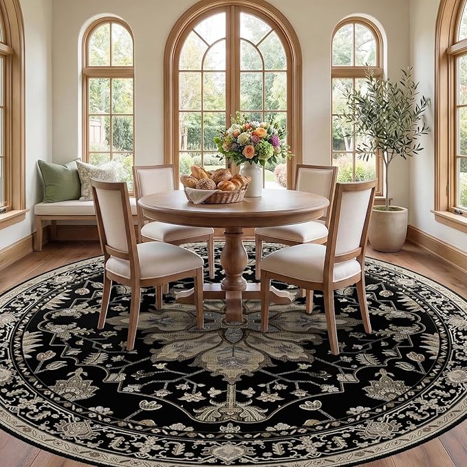 Area Rugs 8ft Washable Non-Slip, Floral Vintage Distress Print Pattern Medallion Carpet for Living Room Bedroom Dining Room, Black Brown Neutral Dark Tan