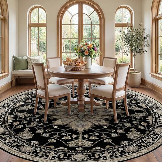 Area Rugs 8ft Washable Non-Slip, Floral Vintage Distress Print Pattern Medallion Carpet for Living Room Bedroom Dining Room, Black Brown Neutral Dark Tan