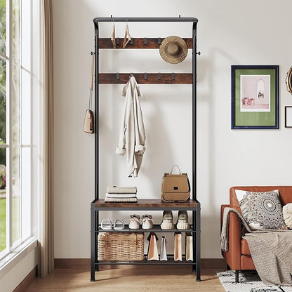 DUMOS Hall Tree with Shoe Bench and Coat Rack, Entryway Bench with Shoe Storage and Hooks, 4-in-1 Coat and Shoe Rack for Entryway, Mudroom Storage Organizer with Shelves, Brown