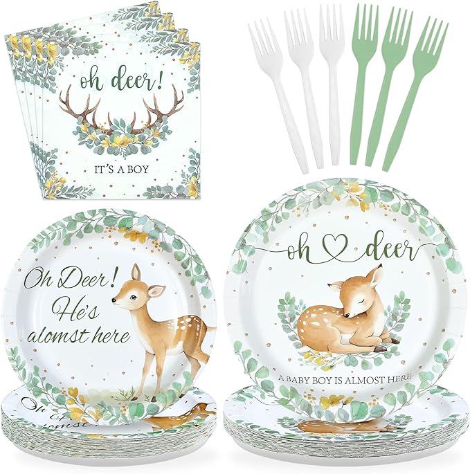 96Pcs Oh Deer He's Almost Here Baby Shower Party Supplies Green Deer Plates and Napkins Woodland Animal Tableware Set for Boy Animal Baby Shower Gender Reveal Party Supplies，Serves 24