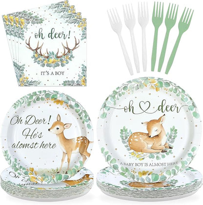 96Pcs Oh Deer He's Almost Here Baby Shower Party Supplies Green Deer Plates and Napkins Woodland Animal Tableware Set for Boy Animal Baby Shower Gender Reveal Party Supplies，Serves 24