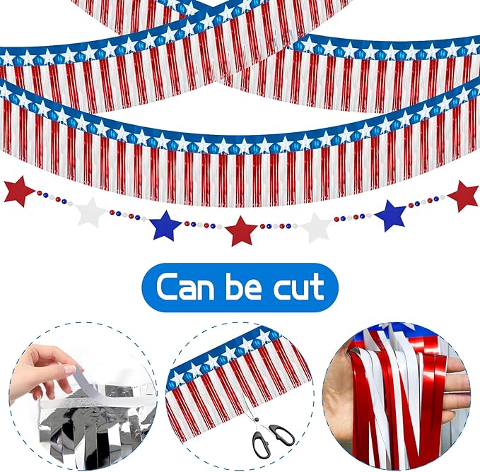 4th of July Decorations 2 Packs 39FT Patriotic Foil Fringe Garland,1 Pack 4.2FT Wooden Bead Garland, Red White Blue Patriotic Metallic Tinsel American Flag Banner of Halloween Party Independence Day