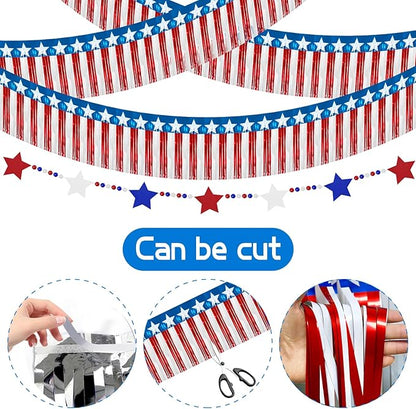4th of July Decorations 2 Packs 39FT Patriotic Foil Fringe Garland,1 Pack 4.2FT Wooden Bead Garland, Red White Blue Patriotic Metallic Tinsel American Flag Banner of Halloween Party Independence Day