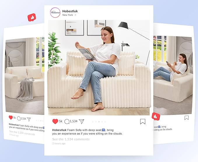 Hobestluk Couch Sofa 2-Seater Foam Sofa Loveseat for Small Spaces Comfy Sofas with Removable Cover Furry Couch with Pillows for Living Room, Bedroom, Apartment, Office (White, Loveseat)