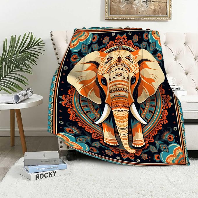 Firmiso Boho Elephant Throw Blanket 60x80 | Soft Cozy Fleece Blanket for Couch, Bed, or Sofa | Mandala Elephant Decor for Living Room | Unique Gift for Women, Family, or Friends