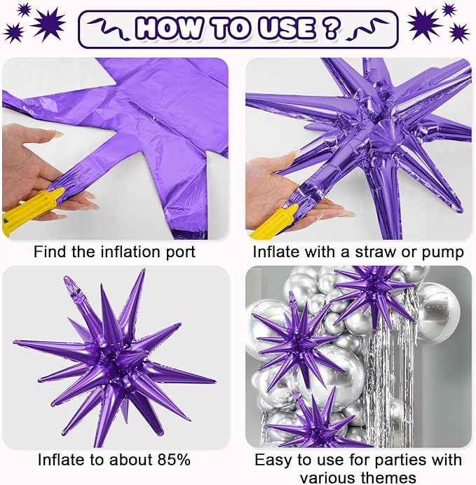 Black Purple Silver Star Balloons,9Pcs 22Inch Black Silver Purple Explosion Spike Cone Helium Polyester Film Star Foil Balloons for Birthday Halloween Anniversary Baby Shower Party Decorations