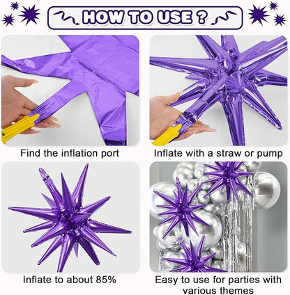 Black Purple Silver Star Balloons,9Pcs 22Inch Black Silver Purple Explosion Spike Cone Helium Polyester Film Star Foil Balloons for Birthday Halloween Anniversary Baby Shower Party Decorations