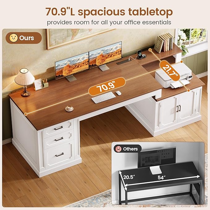 SEDETA 70.9" Executive Desk, Farmhouse Office Desk with Drawers and Storage Cabinet, Power Outlet, Computer Deskfor Home Office, Work Study Writing, White