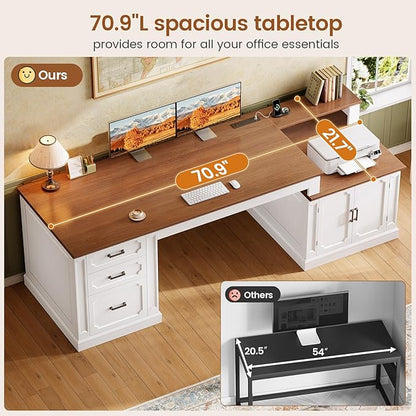 SEDETA 70.9" Executive Desk, Farmhouse Office Desk with Drawers and Storage Cabinet, Power Outlet, Computer Deskfor Home Office, Work Study Writing, White