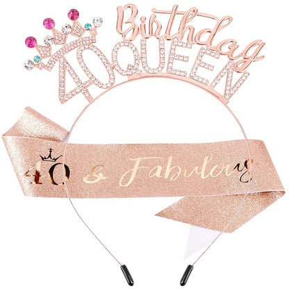 VELSCRUN 40th Birthday Queen Headband, Tiara Crown for Women, 40th Birthday Decorations for Her, Birth Queen Tiaras Crowns Sash for Women Mom Birth Party Decoration Hair Accessories Rose Gold