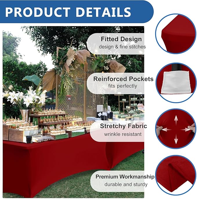 Stretch Spandex Table Cover for 4 Foot Folding Tables-8 Pack Red Fitted Elastic Christmas Tablecloths for Rectangle Tables Protector for Party, Wedding, Vendor Booth Display, Banquet Event