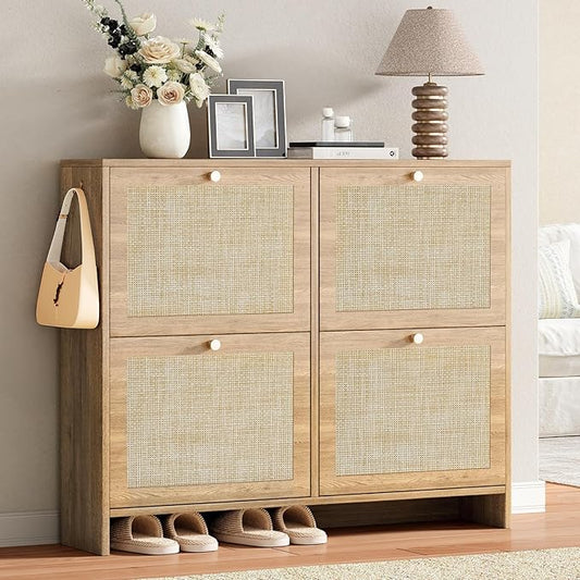 Nicetree Shoe Cabinet Storage for Entryway, 4-Flip Drawer Narrow Shoe Rack, Organic Modern Rattan Shoe Organizer with Gold Legs, Shoe Organizer Fits Men's Size 13.5, Sun-Drenched Amber Oak