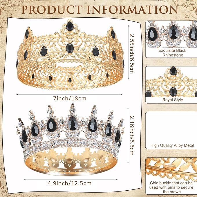 MTLEE 2 Pcs Prom King and Queen Crowns for Men Women King Queen Crowns Tiara with Rhinestone for Wedding Birthday Grad(Black Gold, Black Style)