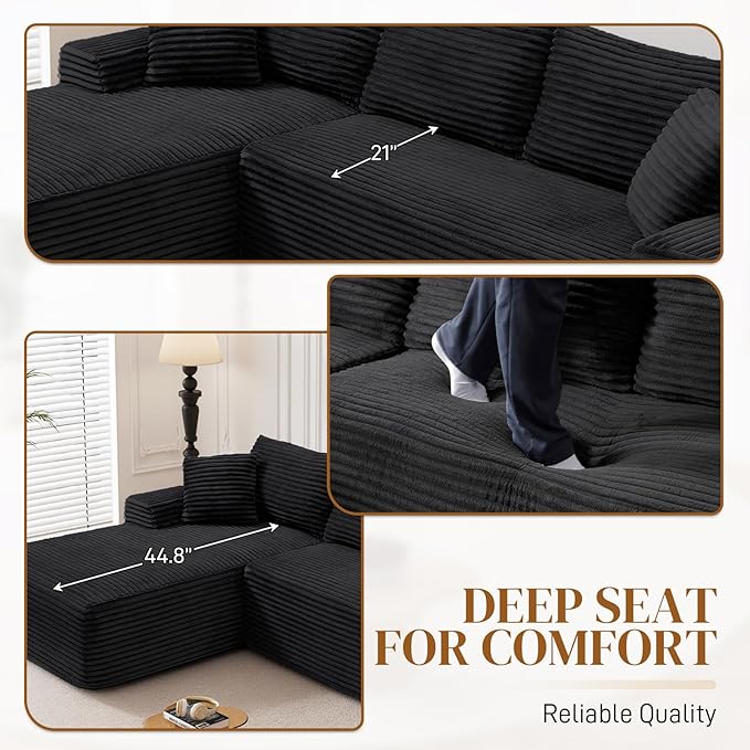 95" L Shaped Boneless Sectional Couches, Wide Armrest, Deep Seat, Memory Foam, Assembly Free, Modern Comfy Corduroy Fluffy Cloud Sofa with Left Chaise for Living Room, Small Spaces, Black