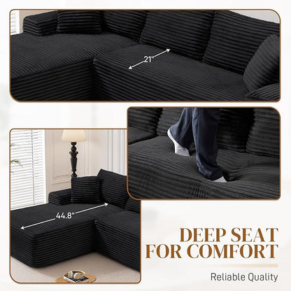 95" L Shaped Boneless Sectional Couches, Wide Armrest, Deep Seat, Memory Foam, Assembly Free, Modern Comfy Corduroy Fluffy Cloud Sofa with Left Chaise for Living Room, Small Spaces, Black