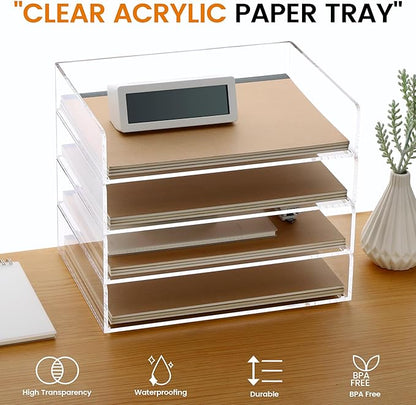Acrylic Paper Tray, 4 Tier Paper Organizer for Desk, Clear Acrylic Desk Organizers, Stackable Letter Tray Workspace Organizer -Art Storage for School Classroom -4 Pack…