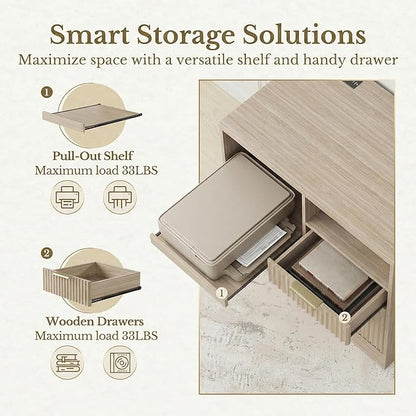 3 Drawer File Cabinet, Fluted Wood Lateral Filing Cabinet with Charging Station for Home Office, Fits for A4/Letter-Sized Files, Printer Stand with Open Storage Shelves, Natural Walnut