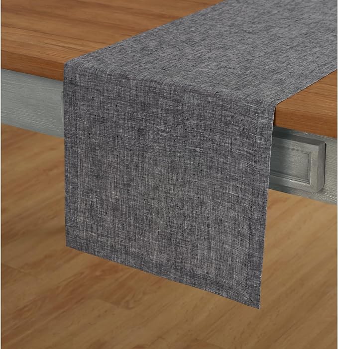 Solino Home Linen Short Table Runner 60 Inches - Athena, 100% Pure Linen Chambray Black Table Runner 14 x 60 Inch Ideal for Dresser and Coffee Tables - Winter, Thanksgiving, Holiday