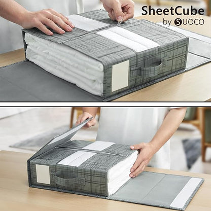 SUOCO SheetCube Bed Sheet Organizers and Storage 2 Pack, Foldable Linen Closet Organizer, Bedding Folder Storage Box Container for Blanket, Duvet Cover Set, Bed Sheet Set - Pattern Grey